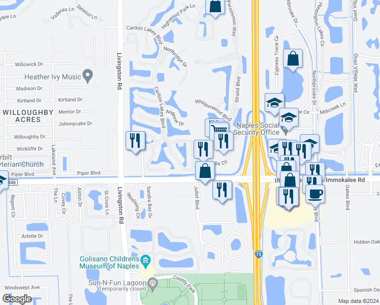 map of restaurants, bars, coffee shops, grocery stores, and more near 5070 Cedar Springs Drive in Naples