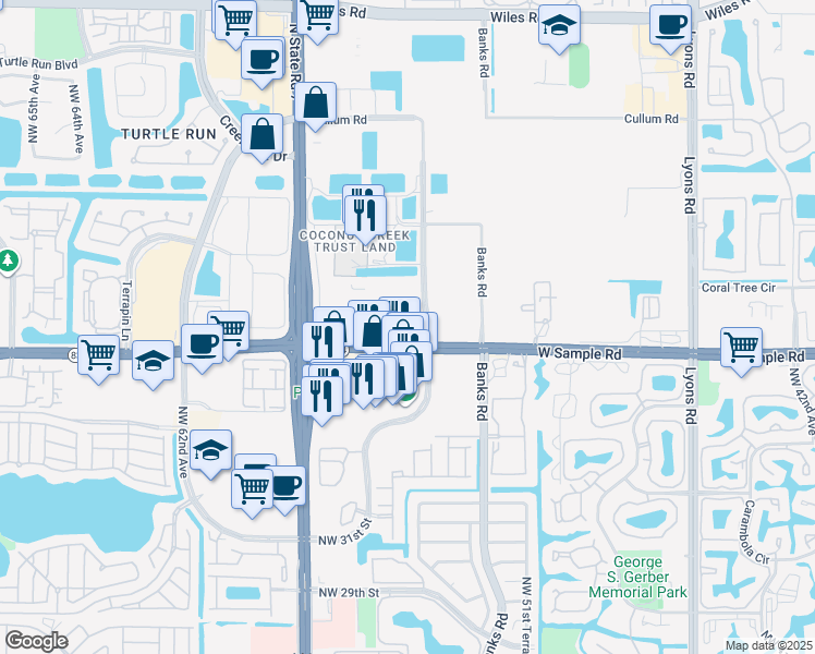 map of restaurants, bars, coffee shops, grocery stores, and more near 5401 West Sample Road in Coconut Creek