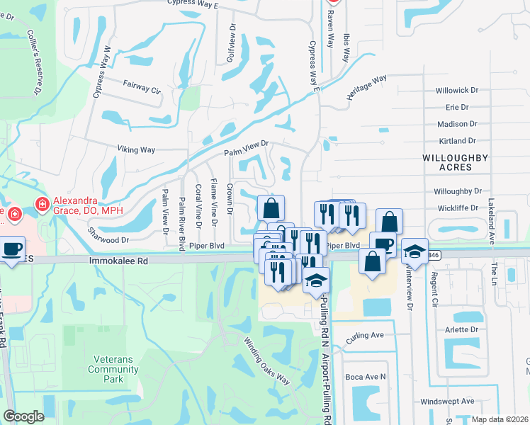 map of restaurants, bars, coffee shops, grocery stores, and more near 141 Wading Bird Circle in Naples