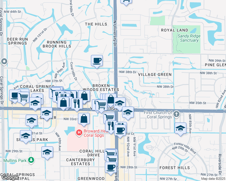 map of restaurants, bars, coffee shops, grocery stores, and more near 3701 Florida 817 in Coral Springs