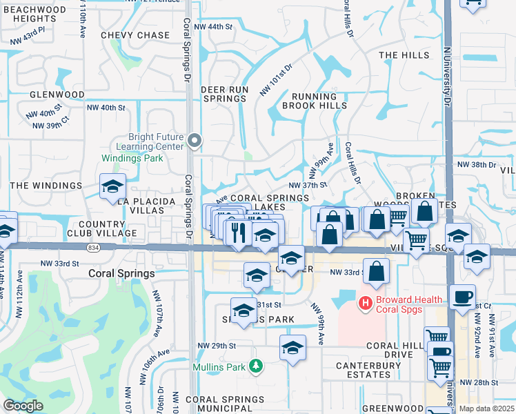map of restaurants, bars, coffee shops, grocery stores, and more near 3701 Northwest 102nd Avenue in Coral Springs