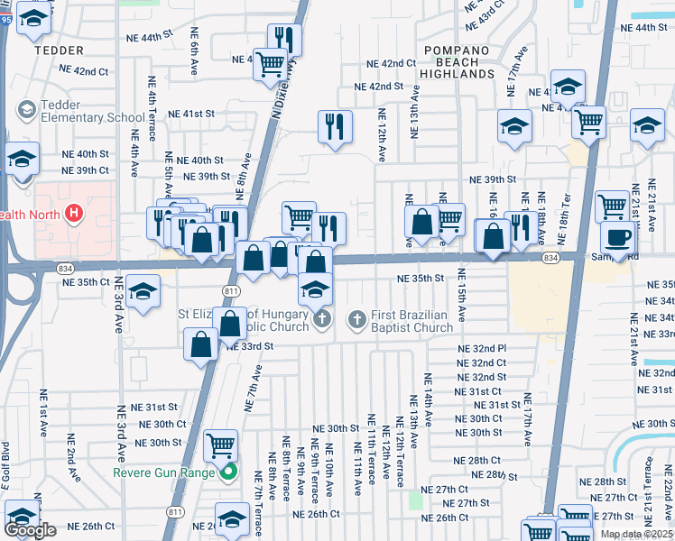 map of restaurants, bars, coffee shops, grocery stores, and more near 1101 Northeast 36th Street in Pompano Beach