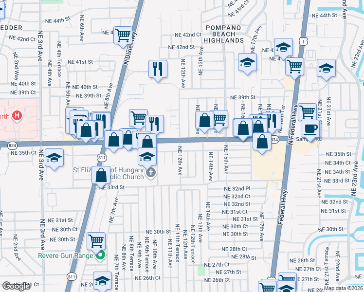 map of restaurants, bars, coffee shops, grocery stores, and more near 1199 East Sample Road in Pompano Beach