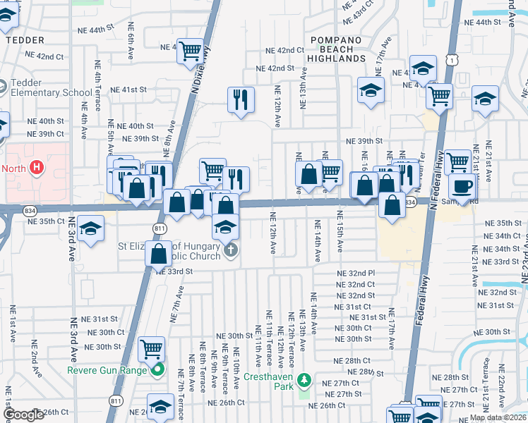 map of restaurants, bars, coffee shops, grocery stores, and more near 1199 East Sample Road in Pompano Beach