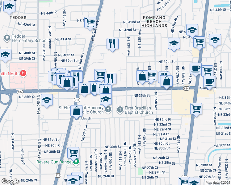 map of restaurants, bars, coffee shops, grocery stores, and more near 1101 Northeast 36th Street in Pompano Beach