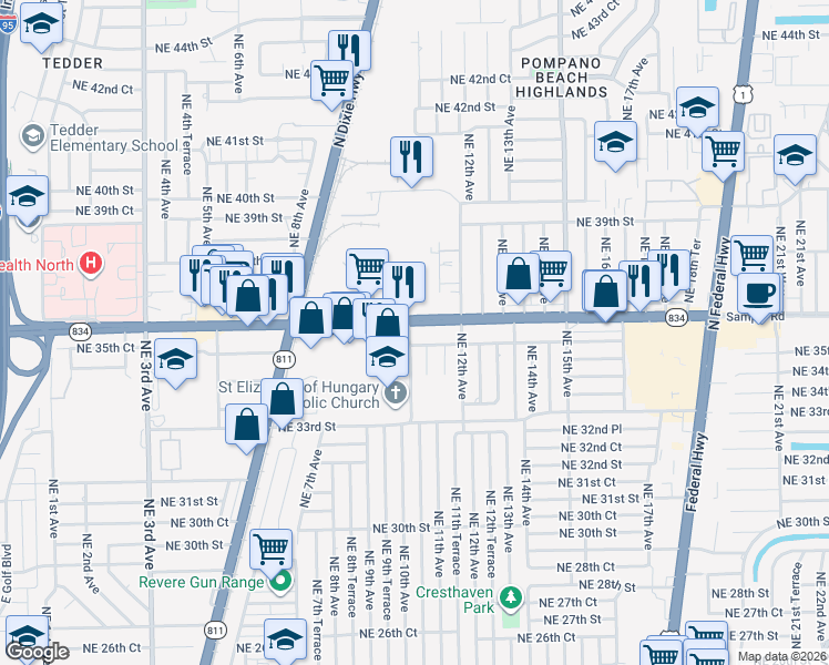 map of restaurants, bars, coffee shops, grocery stores, and more near 1101 Northeast 36th Street in Pompano Beach