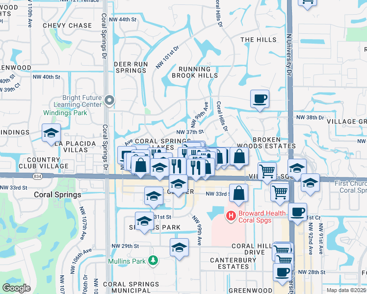 map of restaurants, bars, coffee shops, grocery stores, and more near 3665 Northwest 99th Terrace in Coral Springs