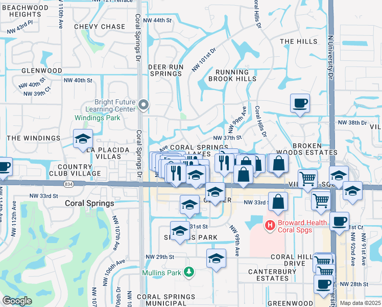 map of restaurants, bars, coffee shops, grocery stores, and more near 3701 Northwest 102nd Avenue in Coral Springs