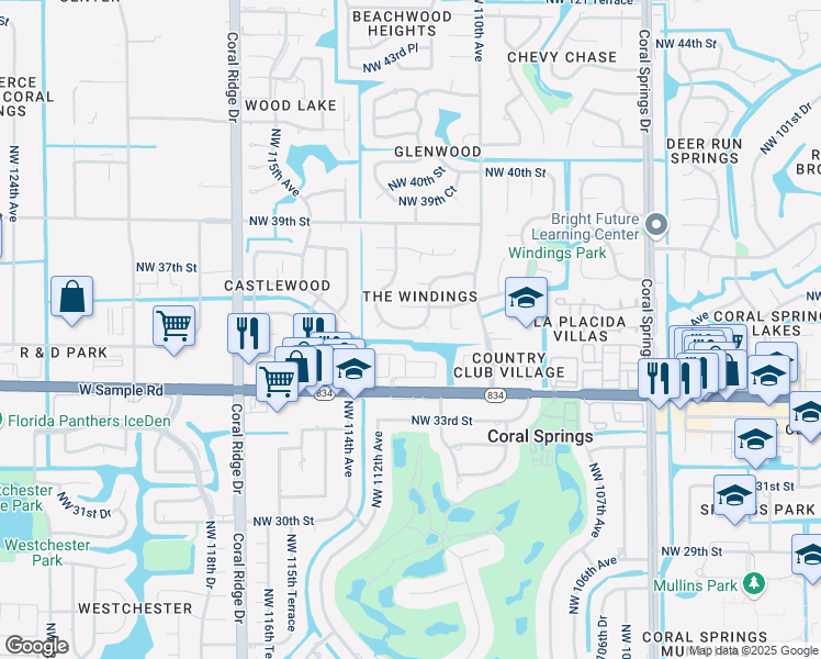 map of restaurants, bars, coffee shops, grocery stores, and more near 11180 Northwest 36th Street in Coral Springs