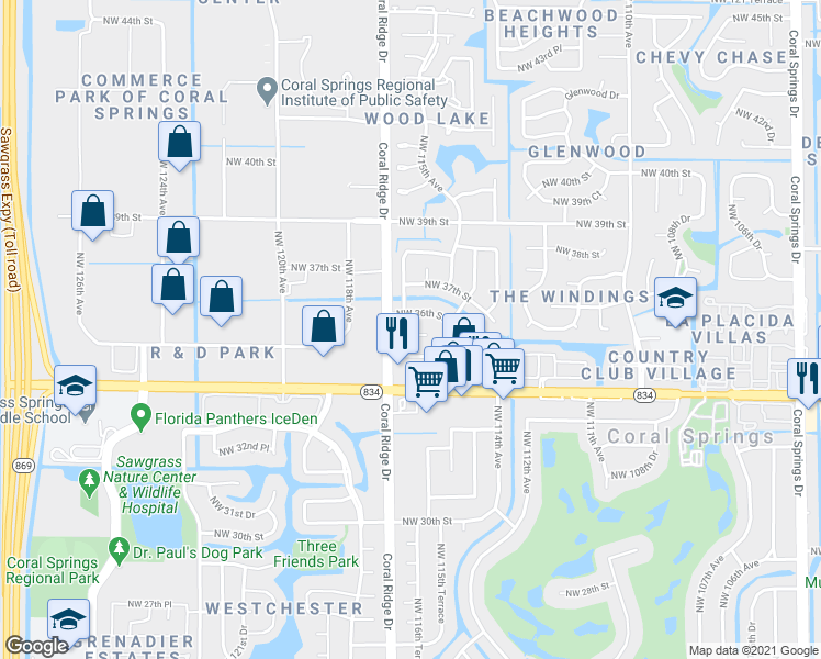 map of restaurants, bars, coffee shops, grocery stores, and more near 11627 Northwest 36th Street in Coral Springs