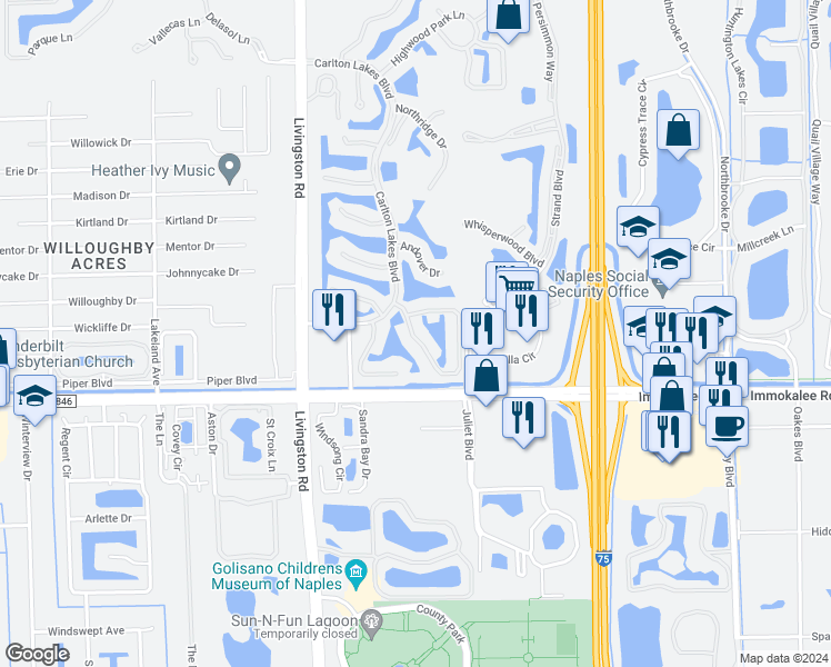 map of restaurants, bars, coffee shops, grocery stores, and more near 5120 Cedar Springs Drive in Naples