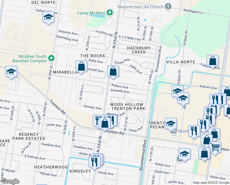 map of restaurants, bars, coffee shops, grocery stores, and more near 2113 Zenaida Avenue in McAllen