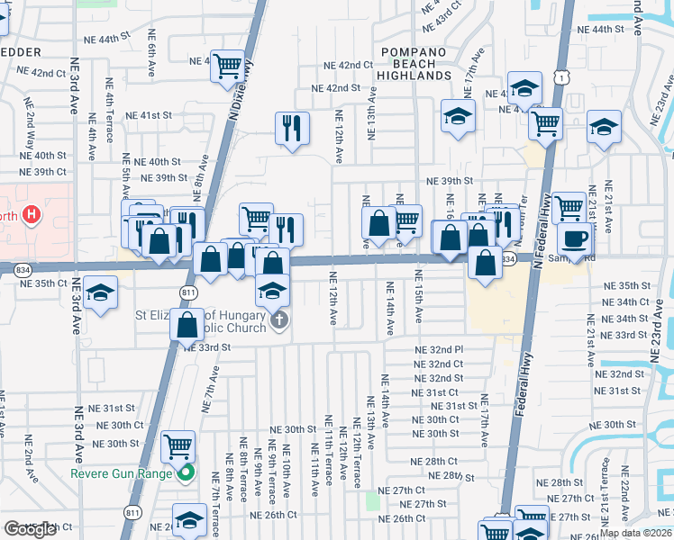 map of restaurants, bars, coffee shops, grocery stores, and more near 1199 East Sample Road in Pompano Beach