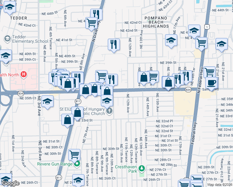 map of restaurants, bars, coffee shops, grocery stores, and more near 1101 Northeast 36th Street in Pompano Beach