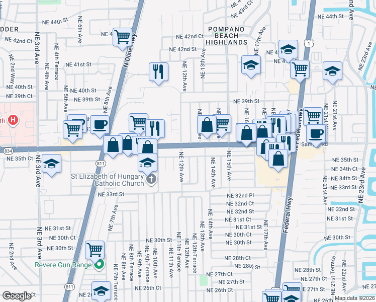 map of restaurants, bars, coffee shops, grocery stores, and more near 1250 East Sample Road in Pompano Beach