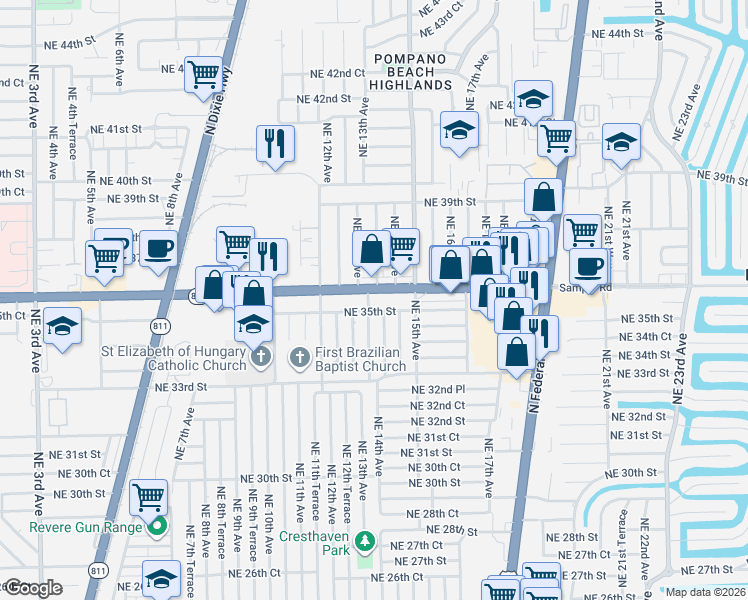 map of restaurants, bars, coffee shops, grocery stores, and more near 1359 Northeast 36th Street in Pompano Beach