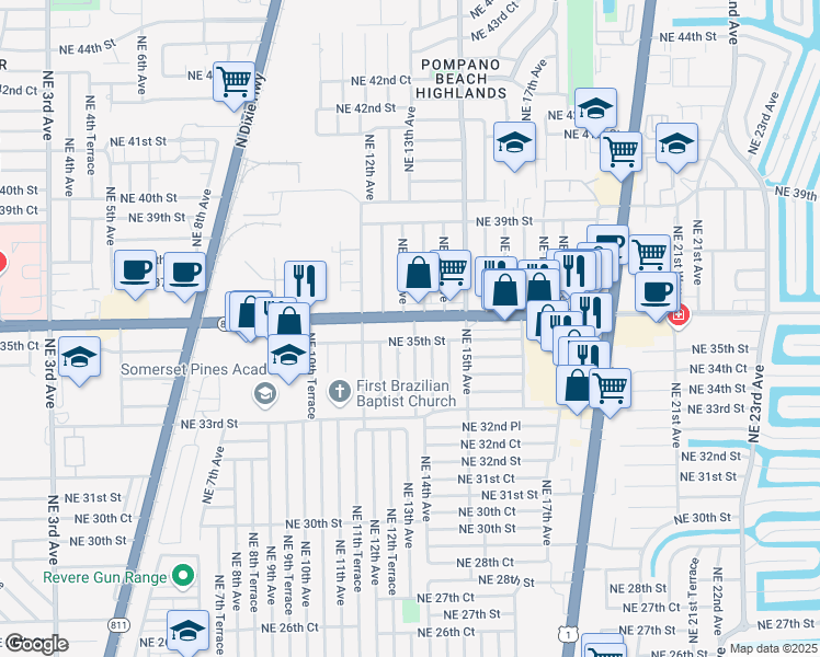 map of restaurants, bars, coffee shops, grocery stores, and more near 1261 East Sample Road in Pompano Beach