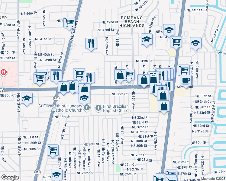 map of restaurants, bars, coffee shops, grocery stores, and more near 1261 East Sample Road in Pompano Beach