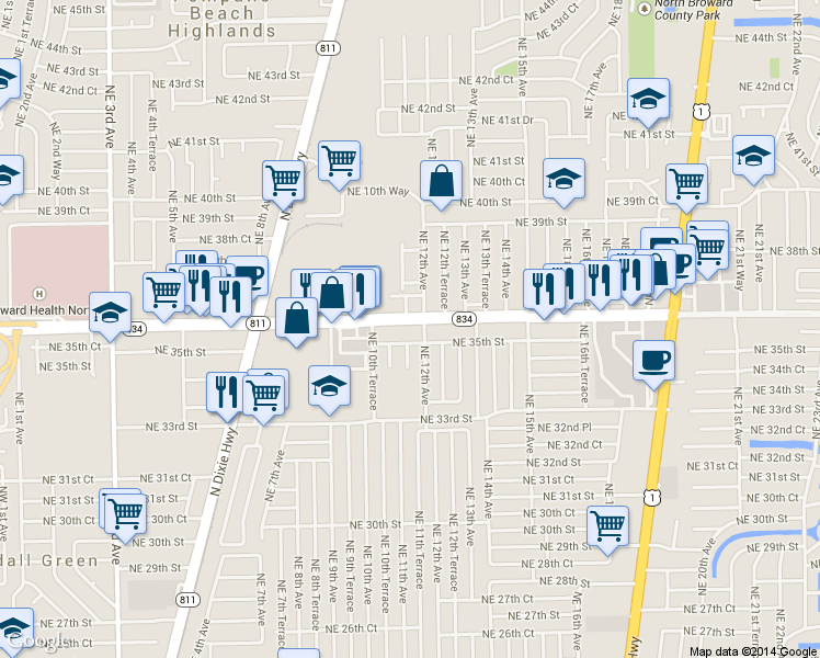 map of restaurants, bars, coffee shops, grocery stores, and more near 1199 East Sample Road in Pompano Beach