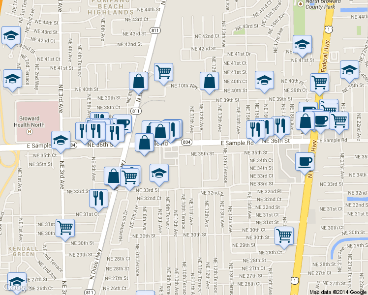 map of restaurants, bars, coffee shops, grocery stores, and more near 1101 Northeast 36th Street in Pompano Beach