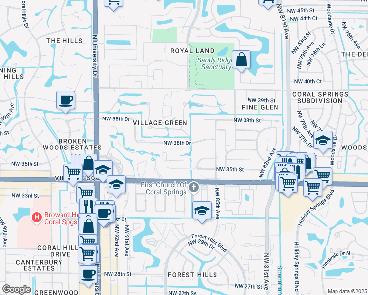 map of restaurants, bars, coffee shops, grocery stores, and more near 8703 Northwest 38th Drive in Coral Springs