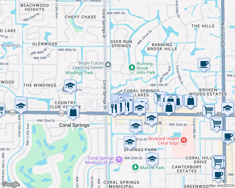 map of restaurants, bars, coffee shops, grocery stores, and more near 10423 Northwest 36th Street in Coral Springs