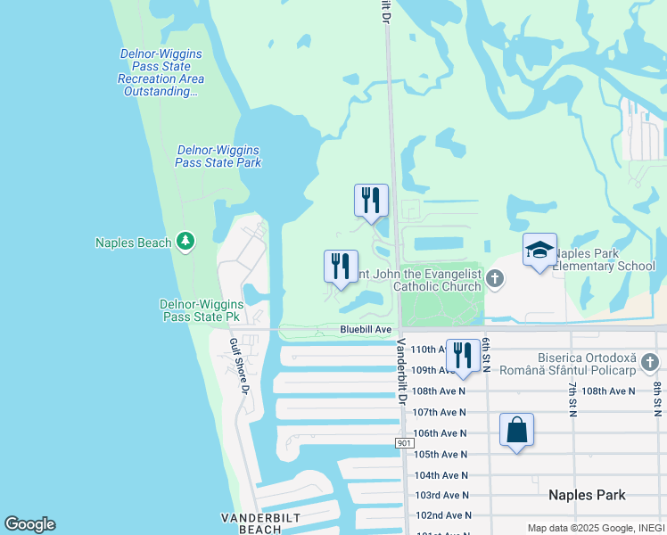 map of restaurants, bars, coffee shops, grocery stores, and more near 11495 Vanderbilt Drive in Naples