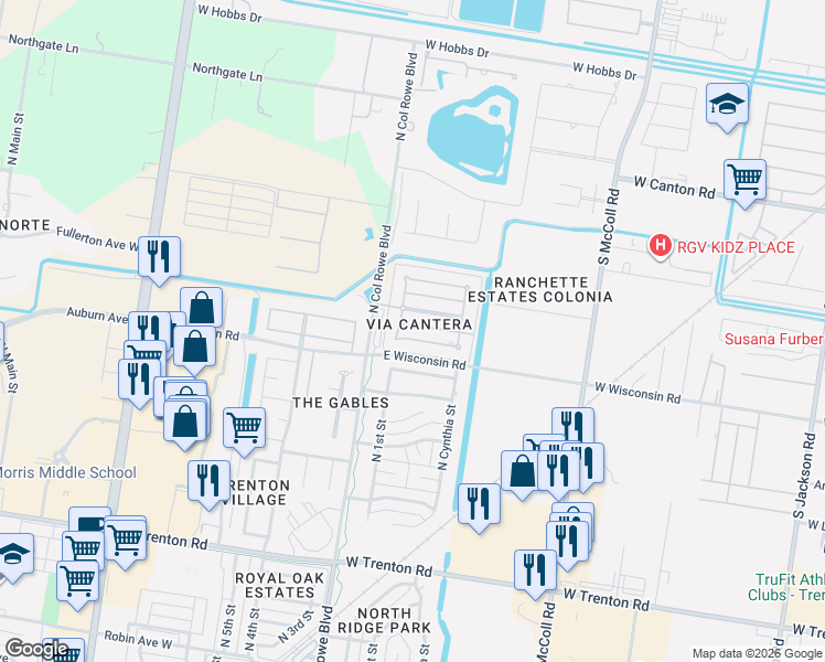 map of restaurants, bars, coffee shops, grocery stores, and more near 124 East Duke Avenue in McAllen