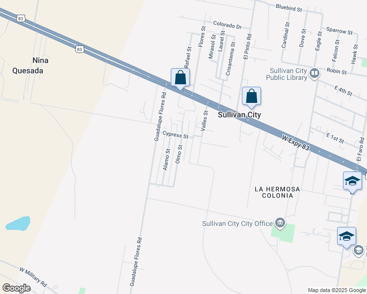 map of restaurants, bars, coffee shops, grocery stores, and more near 186 Pino Street in Sullivan City