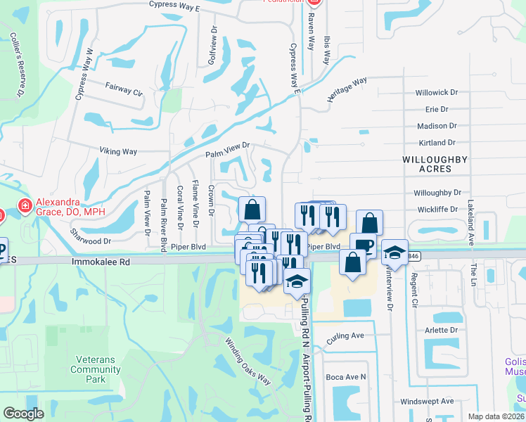 map of restaurants, bars, coffee shops, grocery stores, and more near 151 Cypress Way East in Naples