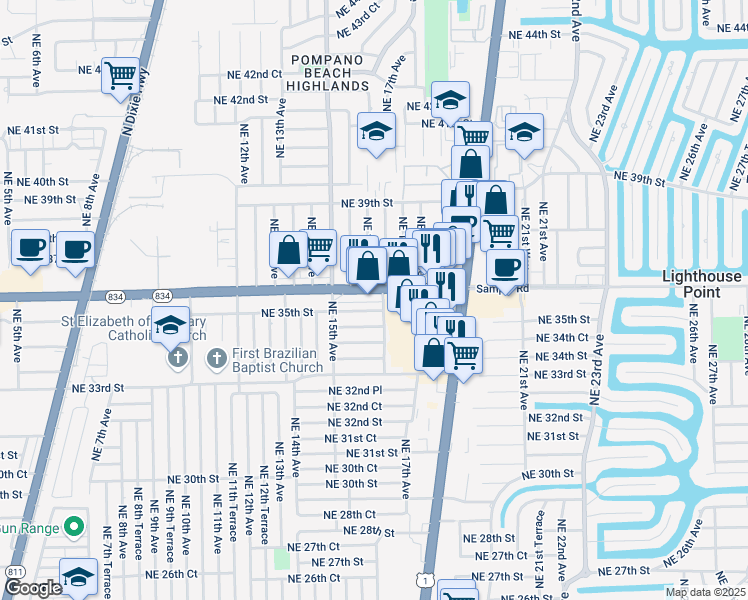 map of restaurants, bars, coffee shops, grocery stores, and more near 1601 Sample Road in Pompano Beach