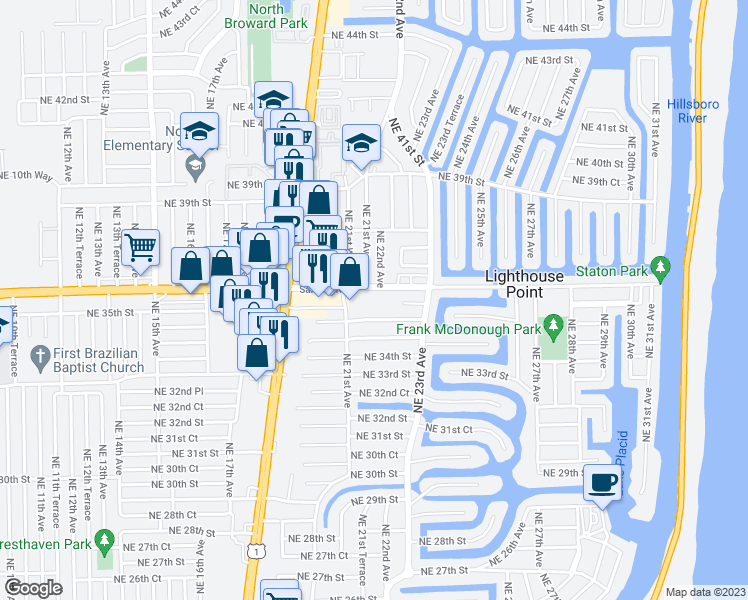 map of restaurants, bars, coffee shops, grocery stores, and more near 2202 Northeast 36th Street in Lighthouse Point