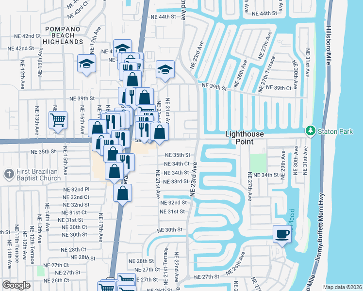 map of restaurants, bars, coffee shops, grocery stores, and more near 2211 Northeast 35th Court in Lighthouse Point