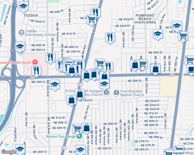 map of restaurants, bars, coffee shops, grocery stores, and more near 801 Florida 834 in Pompano Beach