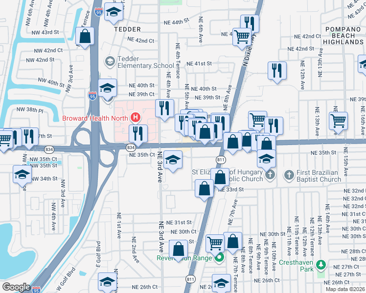 map of restaurants, bars, coffee shops, grocery stores, and more near 422 East Sample Road in Pompano Beach