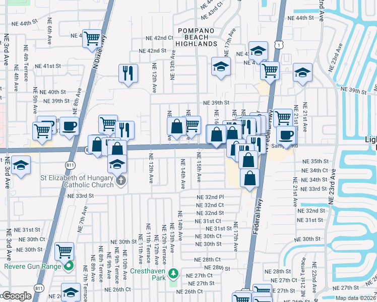 map of restaurants, bars, coffee shops, grocery stores, and more near 1359 Northeast 36th Street in Pompano Beach