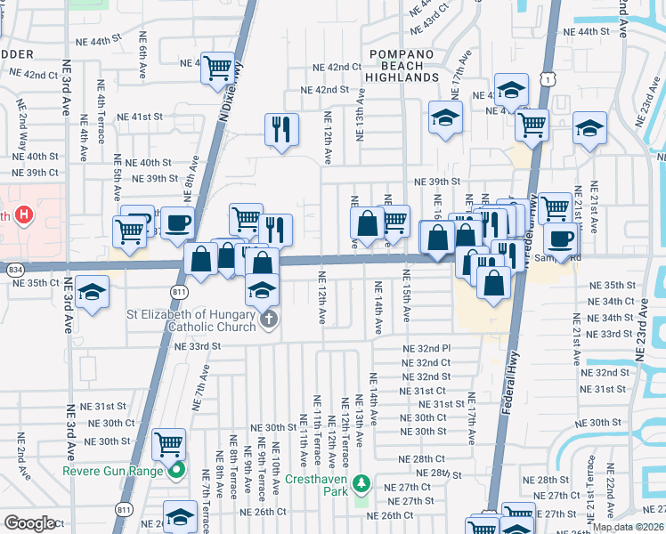 map of restaurants, bars, coffee shops, grocery stores, and more near 1261 East Sample Road in Pompano Beach