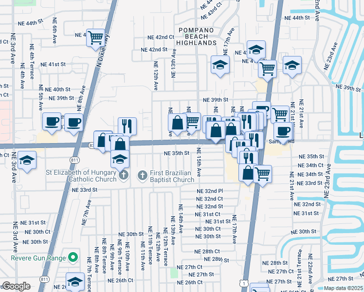 map of restaurants, bars, coffee shops, grocery stores, and more near 1359 Northeast 36th Street in Pompano Beach