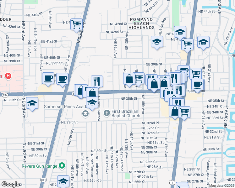 map of restaurants, bars, coffee shops, grocery stores, and more near 1261 East Sample Road in Pompano Beach