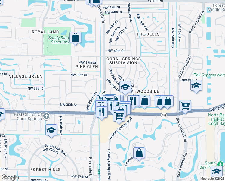 map of restaurants, bars, coffee shops, grocery stores, and more near 7951 Northwest 37th Drive in Coral Springs
