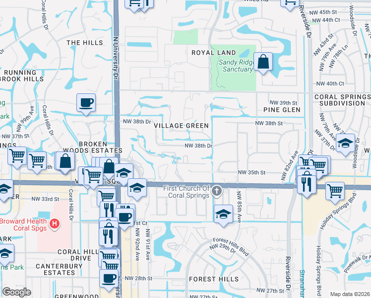 map of restaurants, bars, coffee shops, grocery stores, and more near 8801 Northwest 38th Drive in Coral Springs