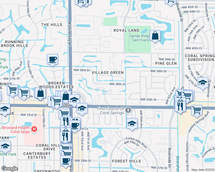 map of restaurants, bars, coffee shops, grocery stores, and more near 8801 Northwest 38th Drive in Coral Springs