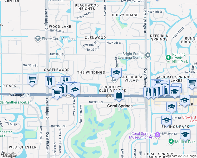 map of restaurants, bars, coffee shops, grocery stores, and more near 3640A Northwest 110th Lane in Coral Springs