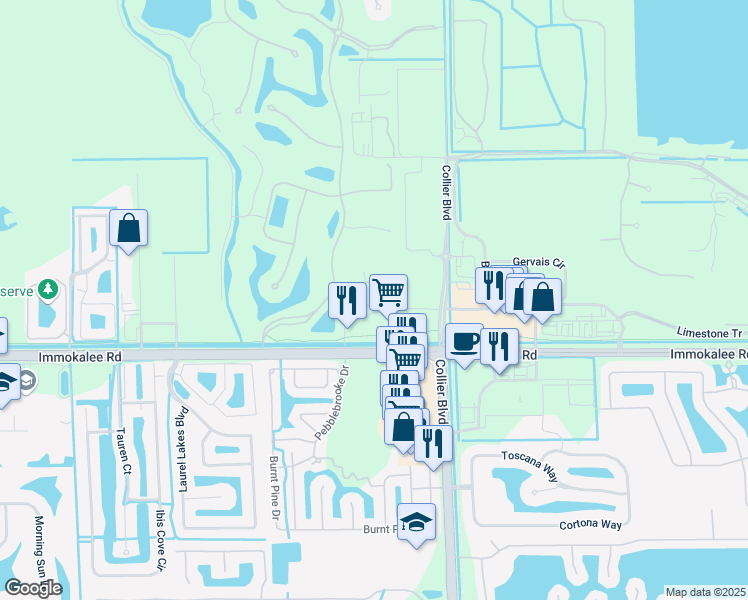 map of restaurants, bars, coffee shops, grocery stores, and more near 8630 Addison Place Circle in Naples