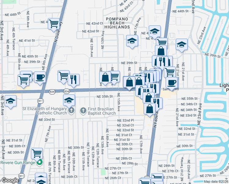 map of restaurants, bars, coffee shops, grocery stores, and more near 201 Northeast 15th Avenue in Pompano Beach
