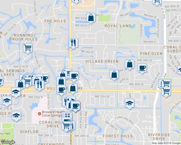 map of restaurants, bars, coffee shops, grocery stores, and more near 8992 Northwest 38th Drive in Coral Springs