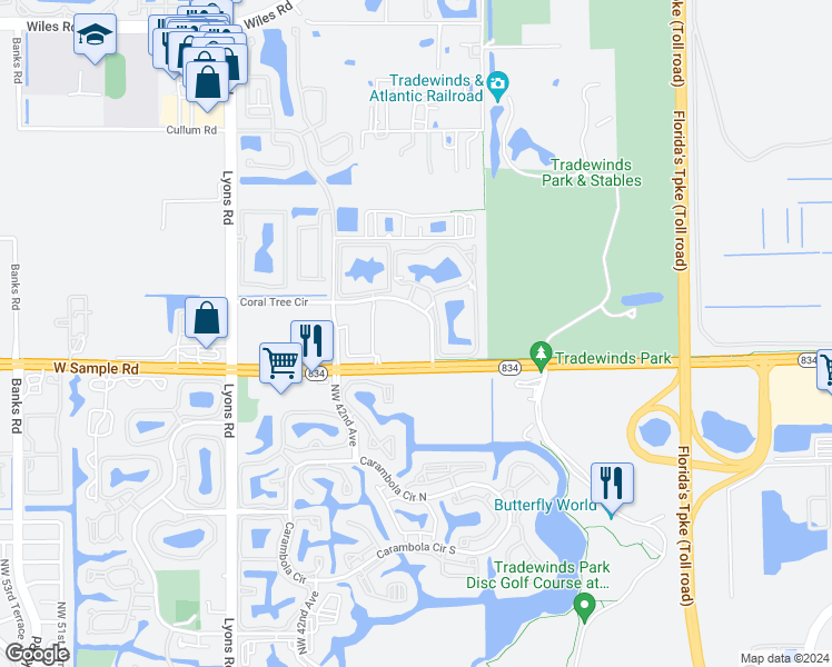 map of restaurants, bars, coffee shops, grocery stores, and more near 4101 West Sample Road in Coconut Creek