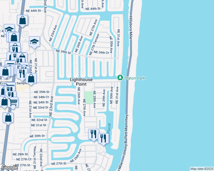 map of restaurants, bars, coffee shops, grocery stores, and more near 2932 East Sample Road in Lighthouse Point