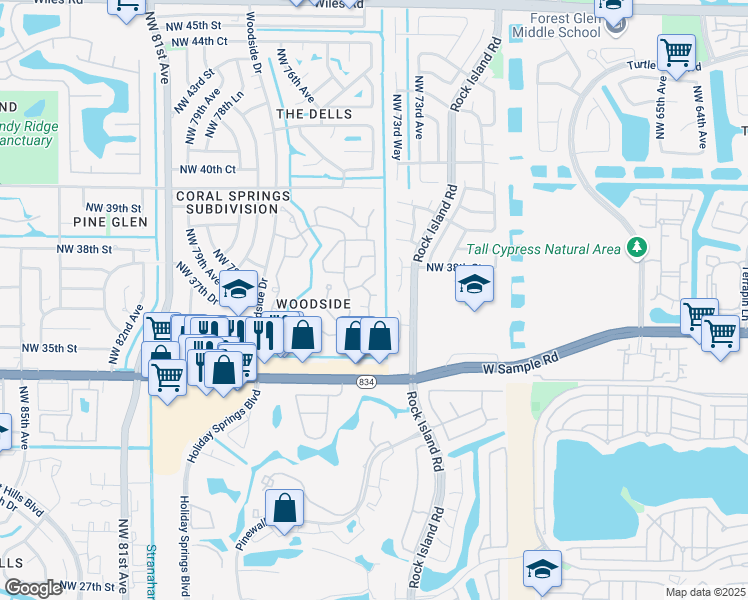 map of restaurants, bars, coffee shops, grocery stores, and more near 3675 High Pine Drive in Coral Springs