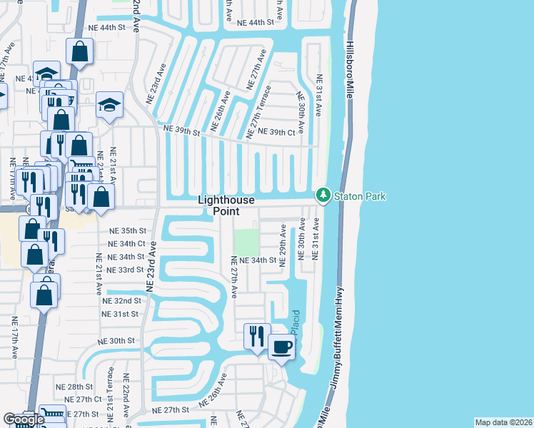 map of restaurants, bars, coffee shops, grocery stores, and more near 2823 Northeast 35th Court in Lighthouse Point